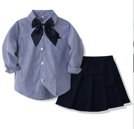 学院风兄妹装开衫正装男女童条纹短袖衬衣演出服毕业校服