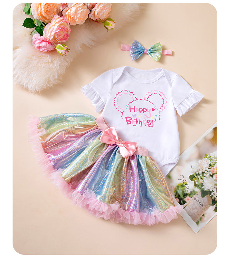女宝宝婴儿生日派对套装独角兽哈衣彩虹半身裙发带Baby Girl Birthday Party Set: Unicorn Onesie, Rainbow Skirt, and Headband