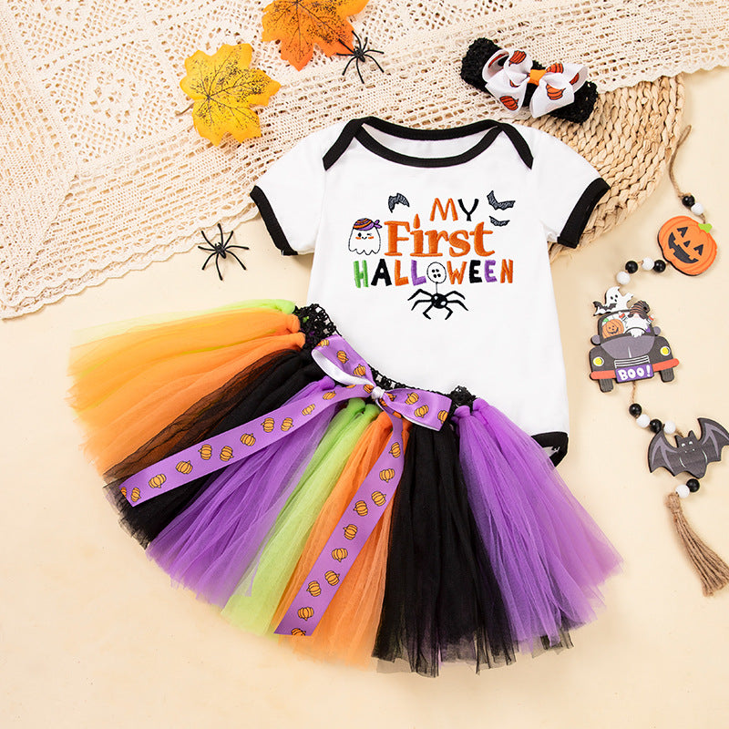 Halloween Costume: 100% Cotton Short-Sleeve Embroidered Witch Hat, Pumpkin Onesie, and Bow Handmade Skirt SetHalloween Costume: Short-Sleeve Embroidered Witch Hat, Pumpkin Onesie, and Bow Handmade Skirt Set
