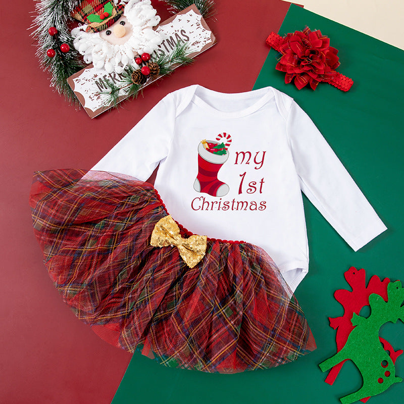 圣诞节宝宝套装婴儿秋装长袖哈衣tutu裙圣诞节日服 Christmas Baby Outfit Set: Fall Baby Clothing, Long-Sleeve Onesie, Tutu Skirt, Christmas Holiday Outfit