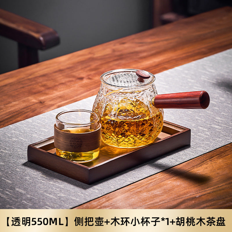 捷安玺实木侧把泡茶壶茶水分离茶壶高硼硅煮泡两用玻璃锤纹壶Solid Wood Side-Handle Tea Pot with Separate Tea and Water Compartments; High-Borosilicate Glass Tea Pot for Both Steeping and Boiling with Hammered Texture