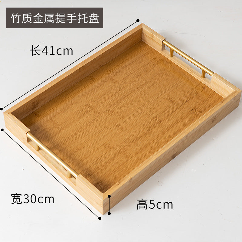 定制长方形竹木制托盘家用面包水果圆形托盘酒店茶水金属双耳托盘