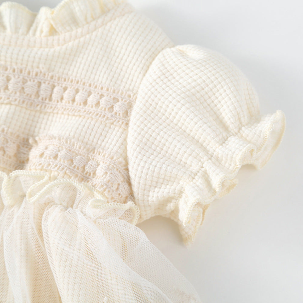 春秋女宝宝蕾丝长袖连体包屁衣花边领华夫格女童哈衣裙 Spring/Fall Girls' Lace Long-Sleeve Rompers with Lace Collar and Waffle-Patterned Dresses