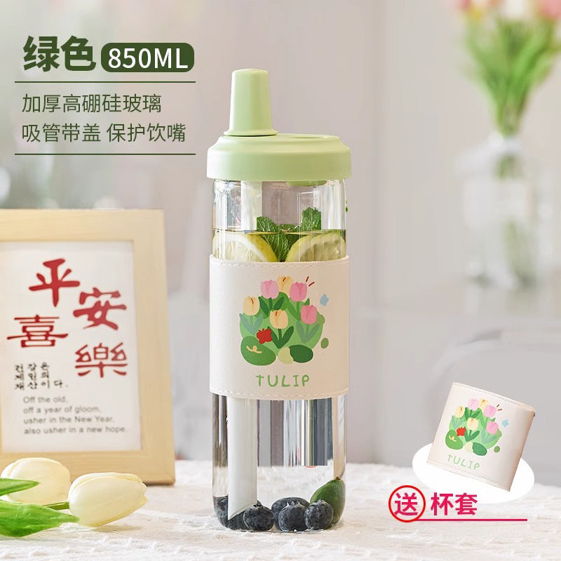 女高颜值杯子家用仙女杯便携牛奶果汁吸管杯大容量网红水杯玻璃杯Women's Mugs, Household Mugs, Portable Milk and Juice Straws Mugs, Large-Capacity Trending Water Mugs, Glass Mugs