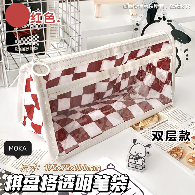 简约三层大容量笔袋ins风黑白棋盘格透明文具袋学生用考试铅笔袋Minimalist 3-Compartment Large-Capacity Pencil Case, Black-and-White Checkered Pattern, Transparent Stationery Pouch, Student Exam Pencil Case
