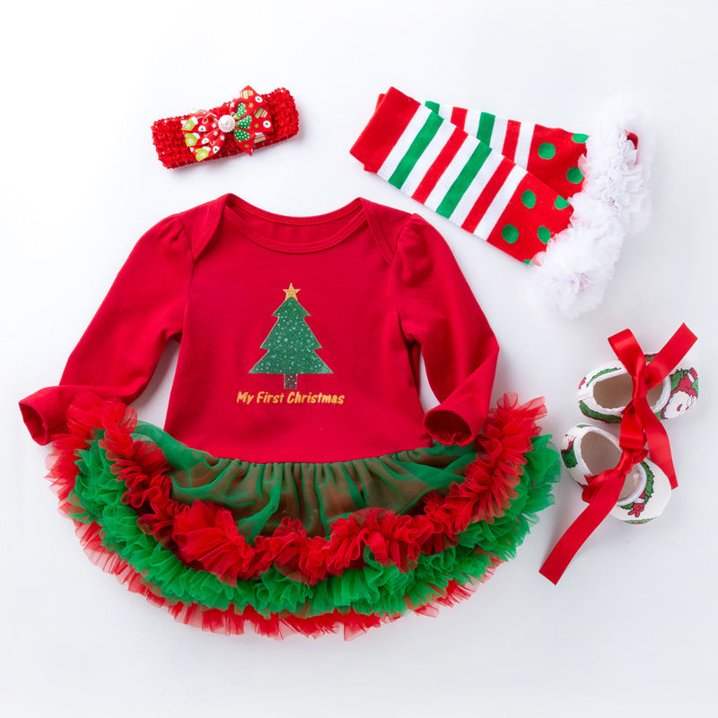 圣诞节女宝宝节日装婴儿春秋长袖红绿包屁裙公主哈衣裙四件套Christmas Outfit for Baby Girls: Spring/Fall Long-Sleeve Red and Green Rompers and Princess-Style Dresses—4-Piece Set