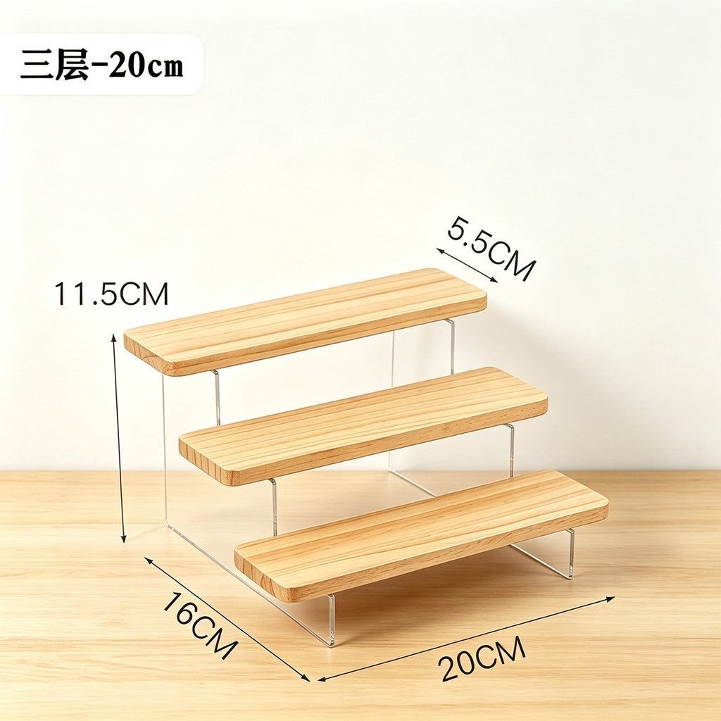 家用轻奢展示架亚克力透明阶梯架盲盒摆件手办桌面简约木质置物架Home-use luxury display stand; transparent acrylic tiered stand; blind box figurines; collectables; minimalist wooden desktop storage rack