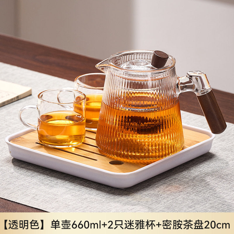 捷安玺竖纹玻璃茶壶新款家用待客木把煮茶壶高硼硅耐热玻璃泡茶壶Vertical-Striped Glass Teapot Home and Guest-Friendly Wooden-Handle Teapot, High-Borosilicate Heat-Resistant Glass Teapot
