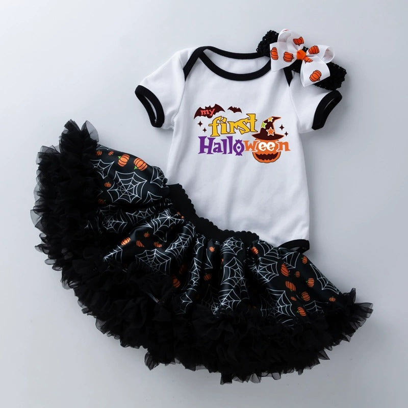 万圣节主题宝宝派对礼服短袖哈衣半身裙发饰3件婴儿套装Halloween-Themed Baby Party Outfit: Short-Sleeve Onesie, Skirt, and Hair Accessory—3-Piece Baby Set