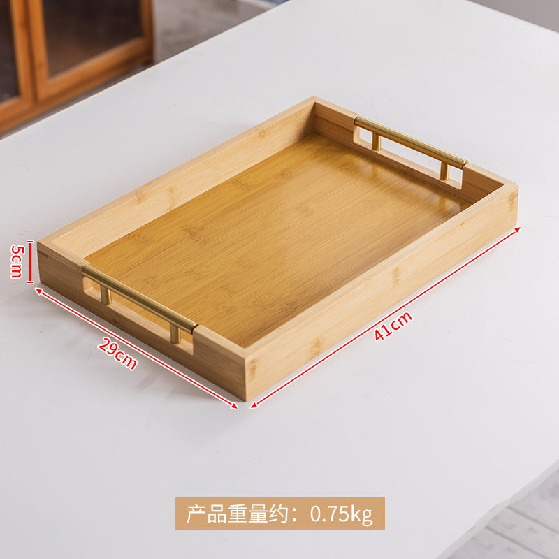 轻奢复古波浪金属提手茶盘家用竹制托盘茶杯酒店中式面包糕点盘Affordable luxury vintage-style wavy metal-handled tea tray; bamboo serving tray for home use; teacup; hotel-style Chinese-style bread and pastry tray