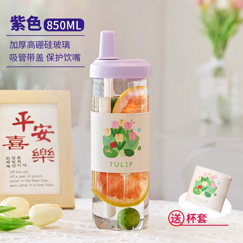 女高颜值杯子家用仙女杯便携牛奶果汁吸管杯大容量网红水杯玻璃杯Women's Mugs, Household Mugs, Portable Milk and Juice Straws Mugs, Large-Capacity Trending Water Mugs, Glass Mugs