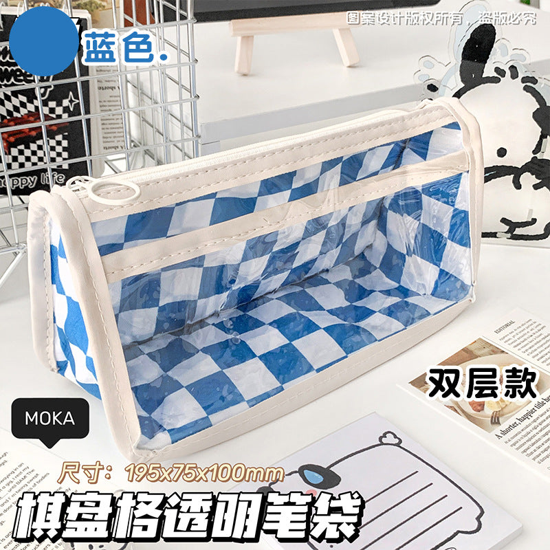 简约三层大容量笔袋ins风黑白棋盘格透明文具袋学生用考试铅笔袋Minimalist 3-Compartment Large-Capacity Pencil Case, Black-and-White Checkered Pattern, Transparent Stationery Pouch, Student Exam Pencil Case