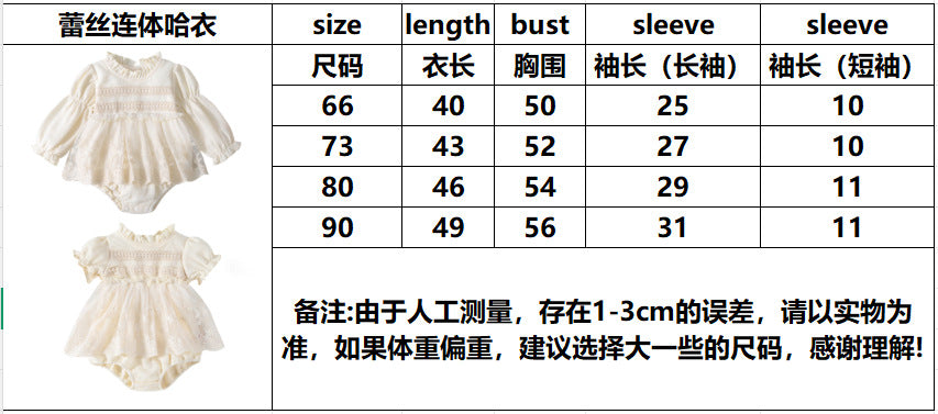 春秋女宝宝蕾丝长袖连体包屁衣花边领华夫格女童哈衣裙 Spring/Fall Girls' Lace Long-Sleeve Rompers with Lace Collar and Waffle-Patterned Dresses