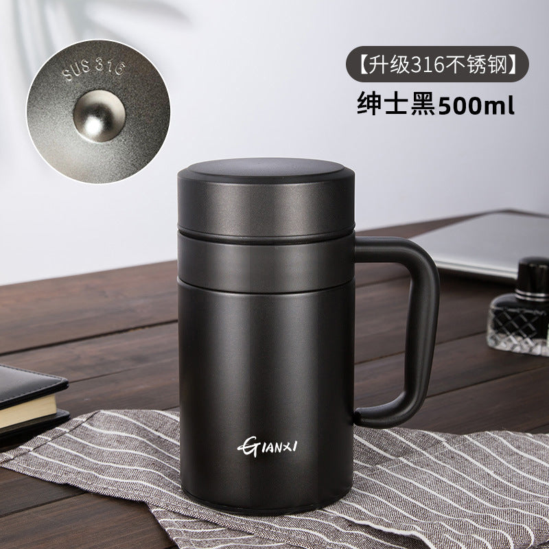 商务男办公大容量显温智能保温杯 一件代发茶水分离带把保温水杯Men's Business-Style Office Large-Capacity Smart Insulated Cup with Temperature Display—Drop Shipping Available; Tea/Water Separation Design with Handle