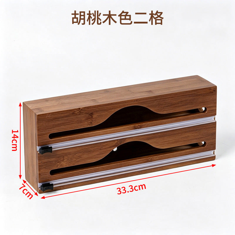 多层壁挂式保鲜膜切割器厨房用品楠竹木锡纸收纳盒双向滑刀割器盒Multi-tier wall-mounted cling film cutter, kitchenware, nanmu bamboo foil storage box, dual-direction sliding blade cutter box