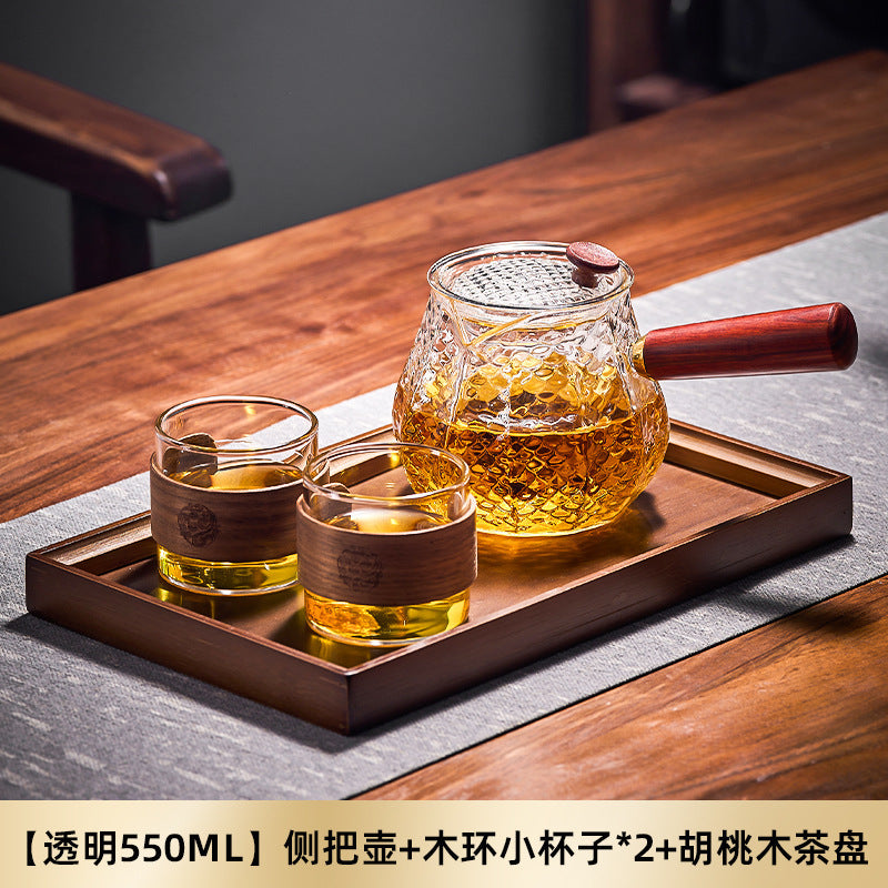 捷安玺实木侧把泡茶壶茶水分离茶壶高硼硅煮泡两用玻璃锤纹壶Solid Wood Side-Handle Tea Pot with Separate Tea and Water Compartments; High-Borosilicate Glass Tea Pot for Both Steeping and Boiling with Hammered Texture