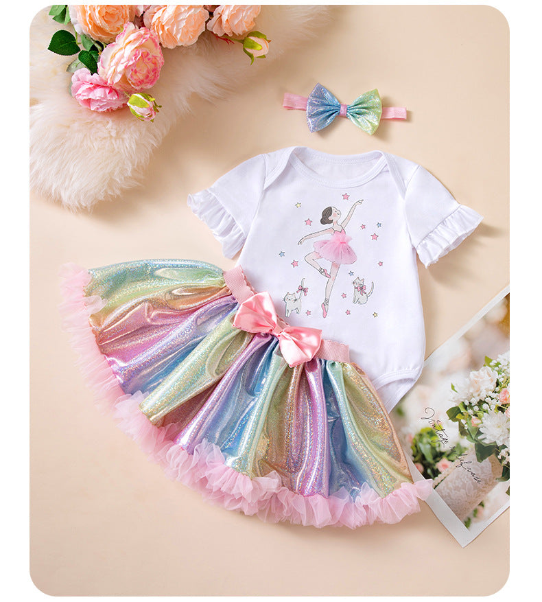 女宝宝婴儿生日派对套装独角兽哈衣彩虹半身裙发带Baby Girl Birthday Party Set: Unicorn Onesie, Rainbow Skirt, and Headband