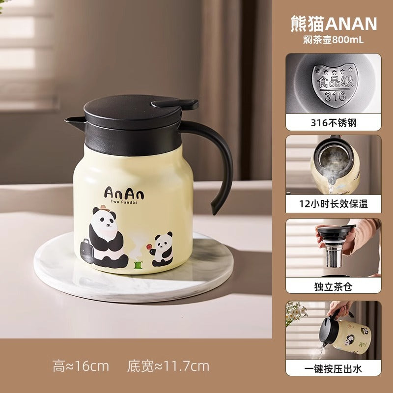 可爱卡通熊猫家用大容量保温泡茶壶 一键按压出水茶水分离焖茶壶Cute Cartoon Panda Large-Capacity Insulated Teapot for Home Use—One-Button Press to Pour, Tea-Water Separation, Steeping Teapot