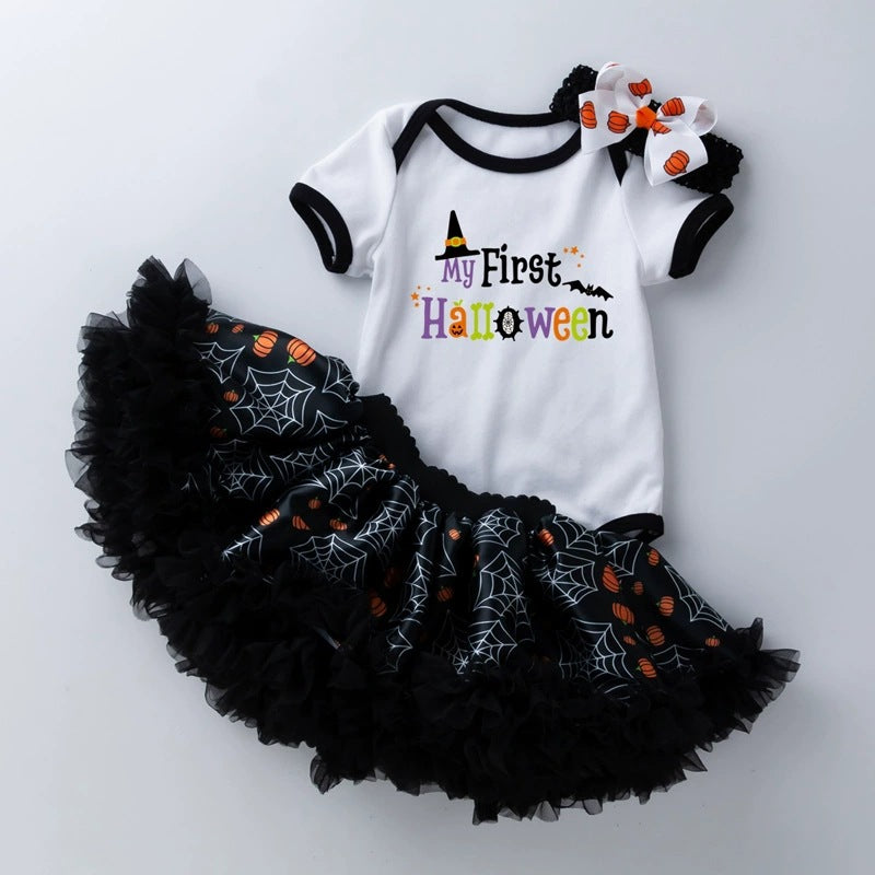 万圣节主题宝宝派对礼服短袖哈衣半身裙发饰3件婴儿套装Halloween-Themed Baby Party Outfit: Short-Sleeve Onesie, Skirt, and Hair Accessory—3-Piece Baby Set