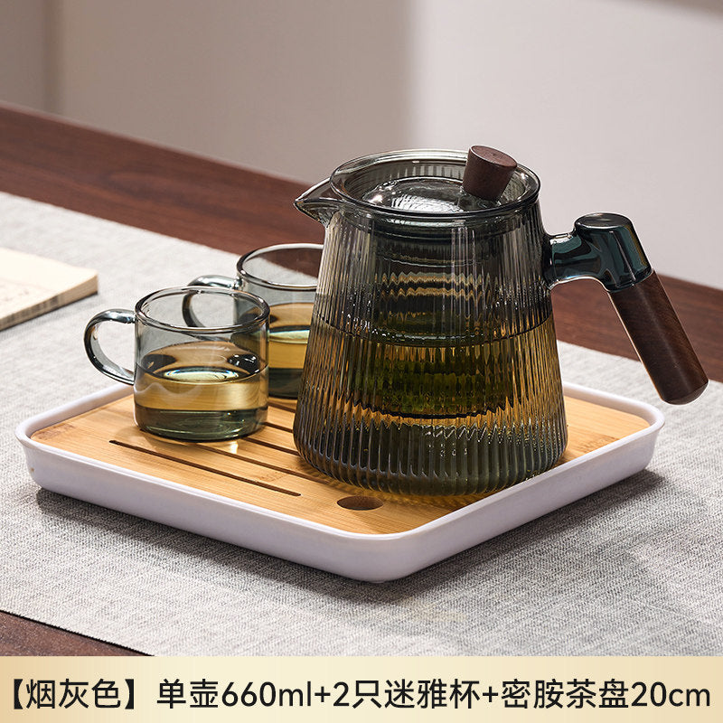 捷安玺竖纹玻璃茶壶新款家用待客木把煮茶壶高硼硅耐热玻璃泡茶壶Vertical-Striped Glass Teapot Home and Guest-Friendly Wooden-Handle Teapot, High-Borosilicate Heat-Resistant Glass Teapot