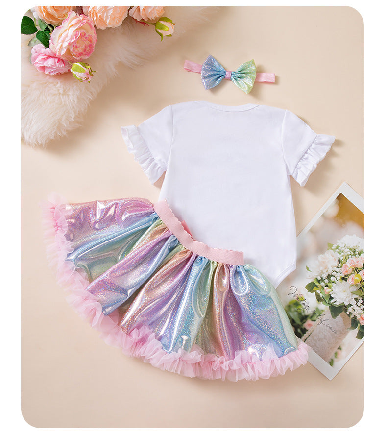 女宝宝婴儿生日派对套装独角兽哈衣彩虹半身裙发带Baby Girl Birthday Party Set: Unicorn Onesie, Rainbow Skirt, and Headband