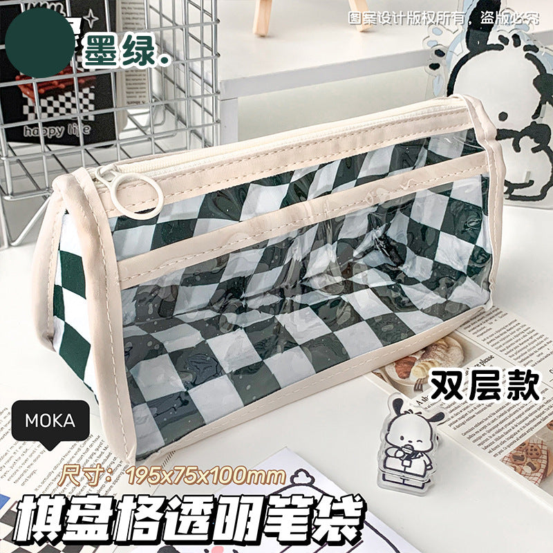简约三层大容量笔袋ins风黑白棋盘格透明文具袋学生用考试铅笔袋Minimalist 3-Compartment Large-Capacity Pencil Case, Black-and-White Checkered Pattern, Transparent Stationery Pouch, Student Exam Pencil Case