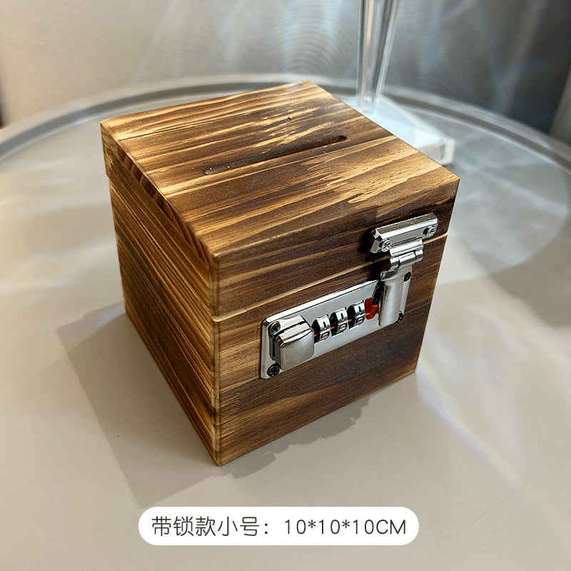 存钱罐储蓄罐密码锁箱木质加厚家用可存可取或存不取儿童跨境松木Piggy bank, savings box, combination lock, wooden, reinforced, for home use, with options to deposit and withdraw or deposit only, for children, cross-border, pine wood