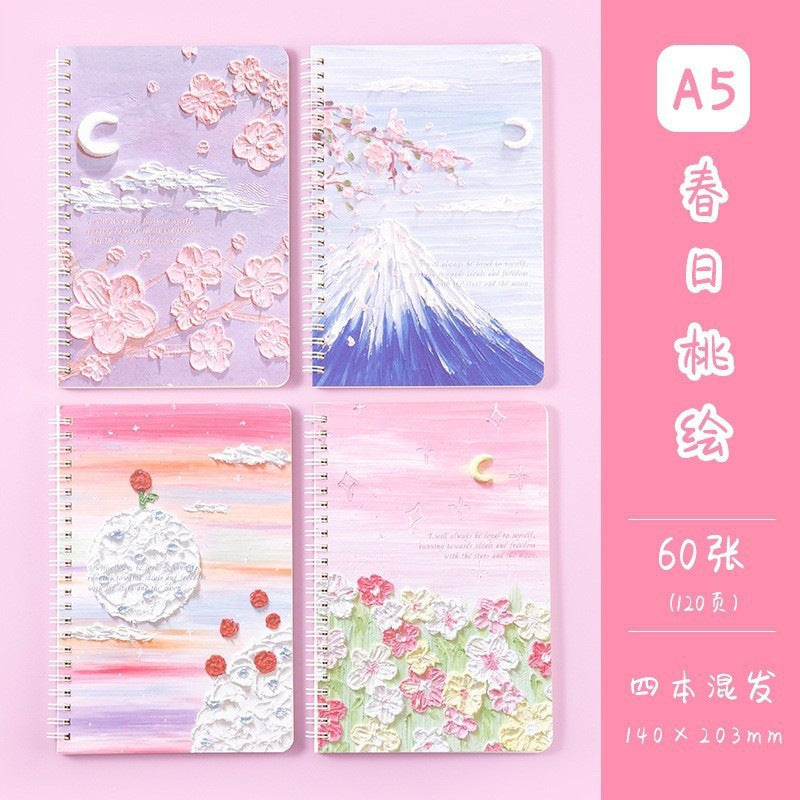 A5高颜值油画风景清爽线圈本可爱手账本学生文具实用奖品留言记事A5 High-Quality Oil Painting Landscape Refreshing Spiral-Bound Notebook: Cute Planner, Student Stationery, Practical Giveaway, for Notes and Messages