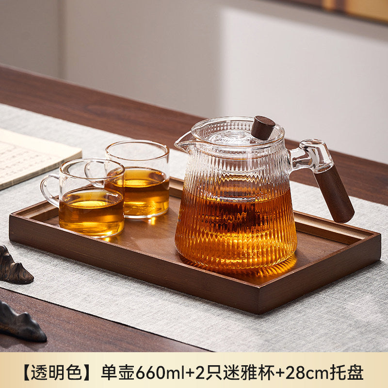 捷安玺竖纹玻璃茶壶新款家用待客木把煮茶壶高硼硅耐热玻璃泡茶壶Vertical-Striped Glass Teapot Home and Guest-Friendly Wooden-Handle Teapot, High-Borosilicate Heat-Resistant Glass Teapot