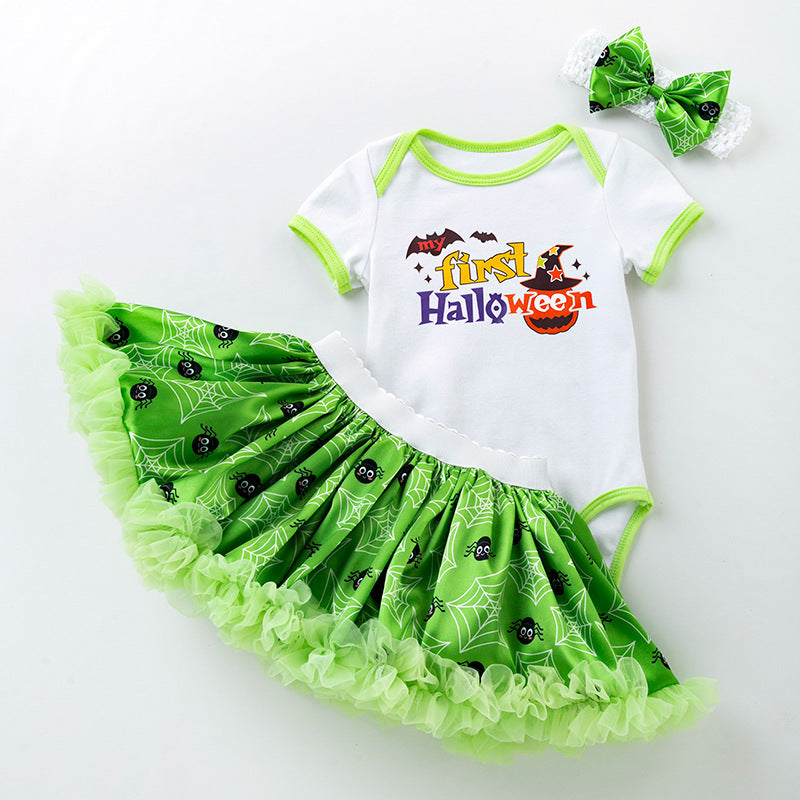 万圣节主题宝宝派对礼服短袖哈衣半身裙发饰3件婴儿套装Halloween-Themed Baby Party Outfit: Short-Sleeve Onesie, Skirt, and Hair Accessory—3-Piece Baby Set