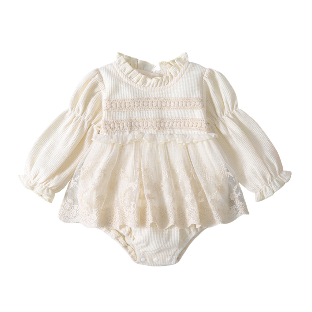 春秋女宝宝蕾丝长袖连体包屁衣花边领华夫格女童哈衣裙 Spring/Fall Girls' Lace Long-Sleeve Rompers with Lace Collar and Waffle-Patterned Dresses