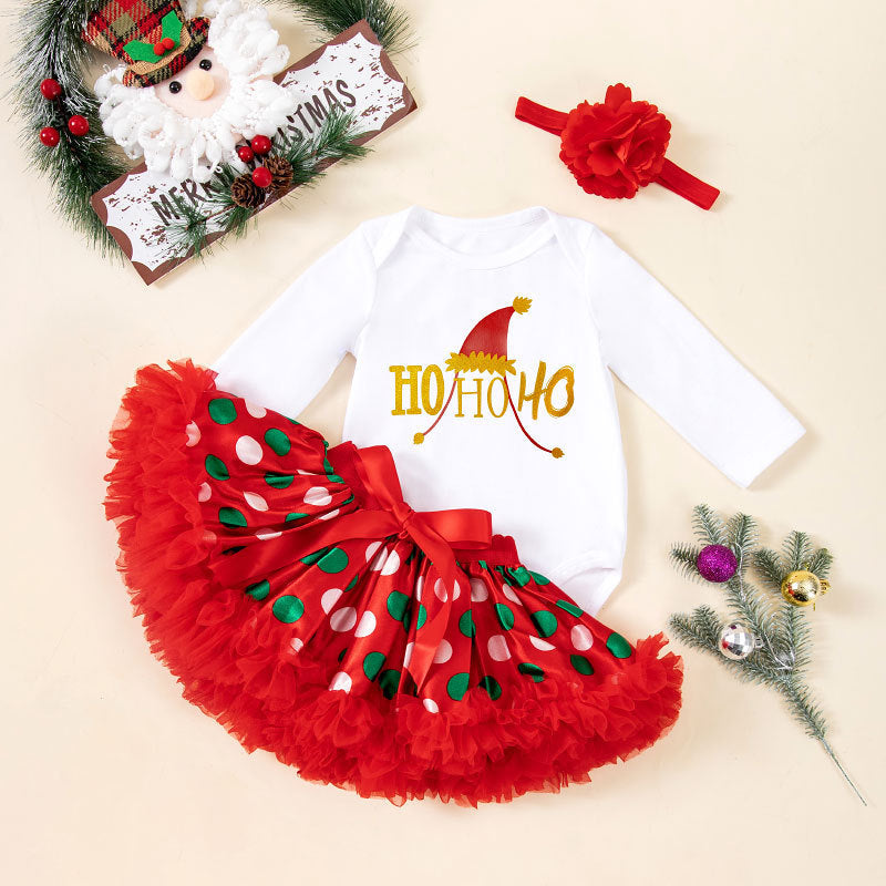 圣诞节婴童服饰洋气可爱长袖哈衣半身裙发饰3件套宝宝派对服Christmas Baby and Toddler Clothing: Stylish and Cute 3-Piece Set with Long-Sleeve Onesie, Skirt, and Hair Accessories—Perfect for Baby Parties