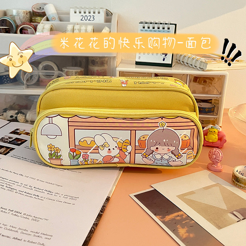 MOKA魔卡大容量双层笔袋女生小学生铅笔盒拉链铅笔袋MOKA Large-Capacity Double-Layer Pencil Case for Girls in Elementary School—Zippered Pencil Case