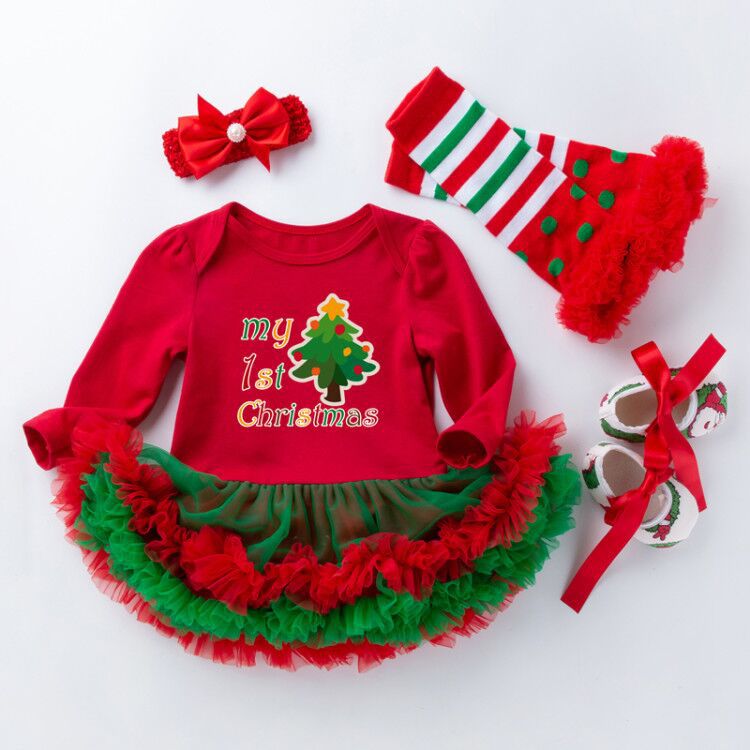 圣诞节女宝宝节日装婴儿春秋长袖红绿包屁裙公主哈衣裙四件套Christmas Outfit for Baby Girls: Spring/Fall Long-Sleeve Red and Green Rompers and Princess-Style Dresses—4-Piece Set