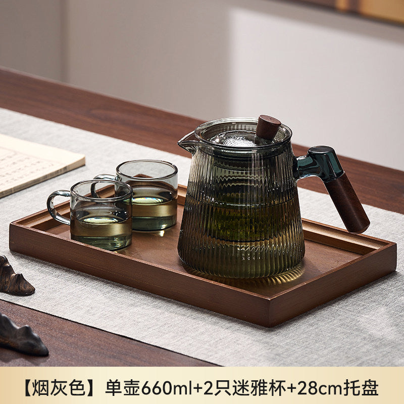 捷安玺竖纹玻璃茶壶新款家用待客木把煮茶壶高硼硅耐热玻璃泡茶壶Vertical-Striped Glass Teapot Home and Guest-Friendly Wooden-Handle Teapot, High-Borosilicate Heat-Resistant Glass Teapot