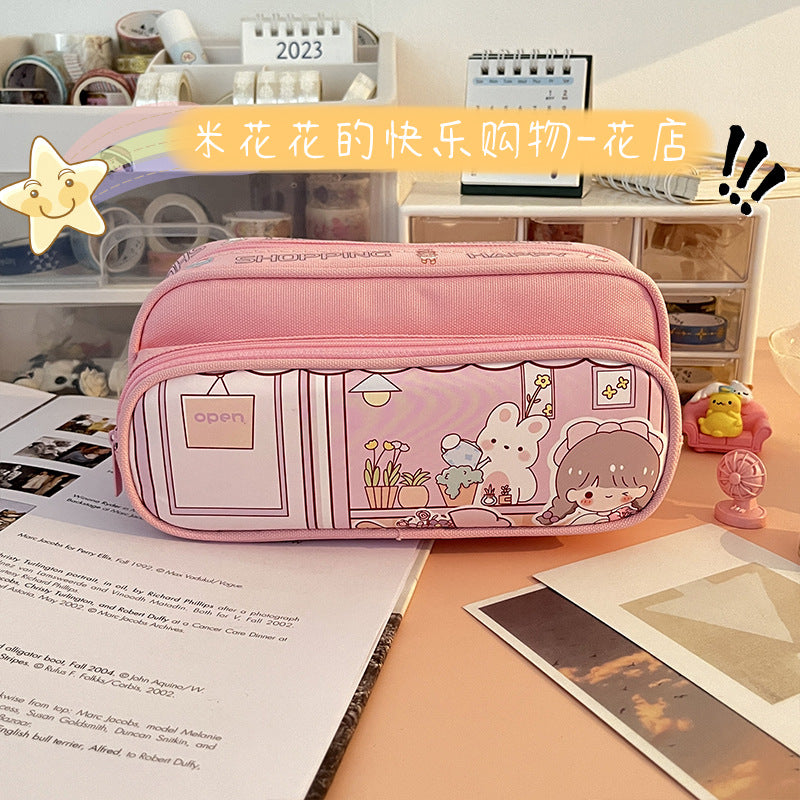 MOKA魔卡大容量双层笔袋女生小学生铅笔盒拉链铅笔袋MOKA Large-Capacity Double-Layer Pencil Case for Girls in Elementary School—Zippered Pencil Case