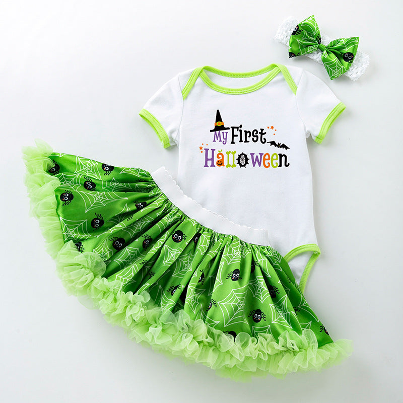万圣节主题宝宝派对礼服短袖哈衣半身裙发饰3件婴儿套装Halloween-Themed Baby Party Outfit: Short-Sleeve Onesie, Skirt, and Hair Accessory—3-Piece Baby Set