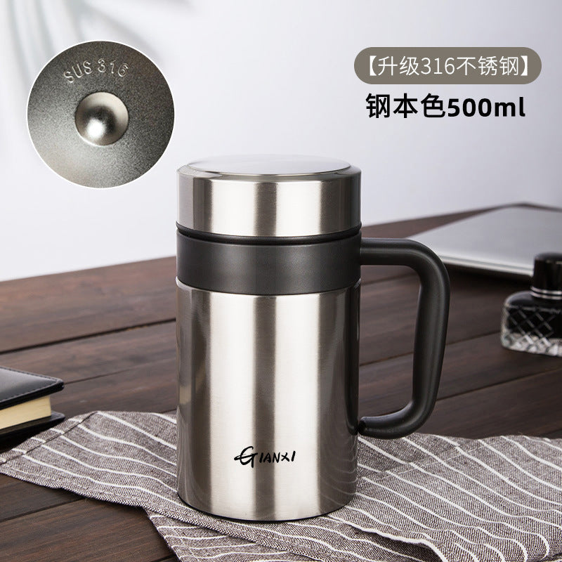 商务男办公大容量显温智能保温杯 一件代发茶水分离带把保温水杯Men's Business-Style Office Large-Capacity Smart Insulated Cup with Temperature Display—Drop Shipping Available; Tea/Water Separation Design with Handle