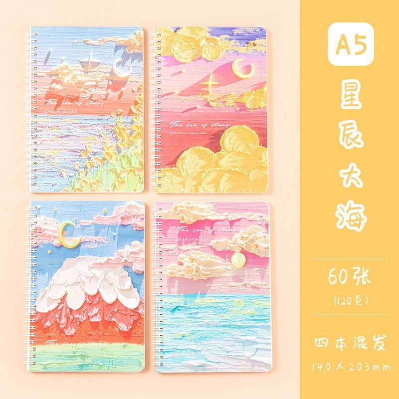 A5高颜值油画风景清爽线圈本可爱手账本学生文具实用奖品留言记事A5 High-Quality Oil Painting Landscape Refreshing Spiral-Bound Notebook: Cute Planner, Student Stationery, Practical Giveaway, for Notes and Messages