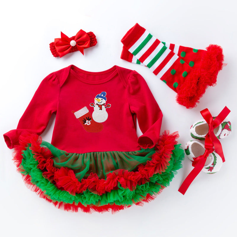 圣诞节女宝宝节日装婴儿春秋长袖红绿包屁裙公主哈衣裙四件套Christmas Outfit for Baby Girls: Spring/Fall Long-Sleeve Red and Green Rompers and Princess-Style Dresses—4-Piece Set