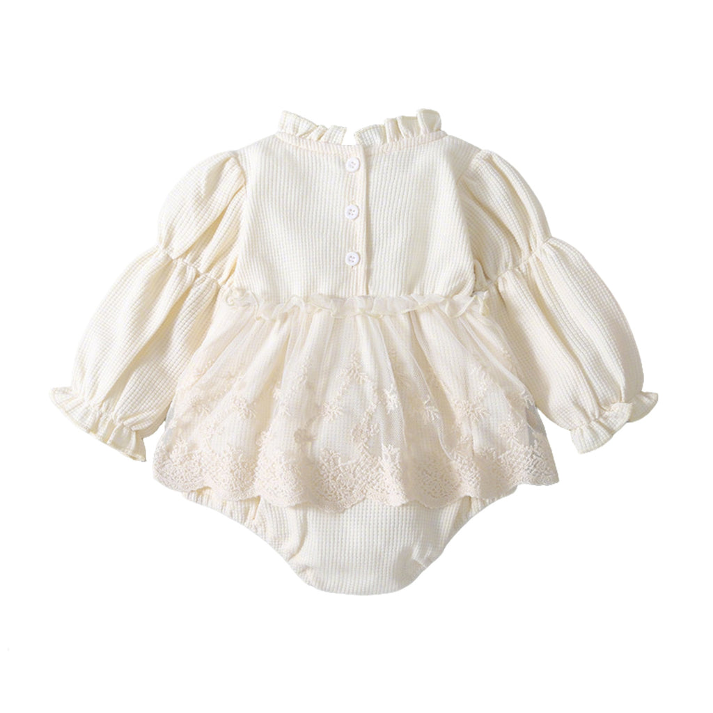 春秋女宝宝蕾丝长袖连体包屁衣花边领华夫格女童哈衣裙 Spring/Fall Girls' Lace Long-Sleeve Rompers with Lace Collar and Waffle-Patterned Dresses