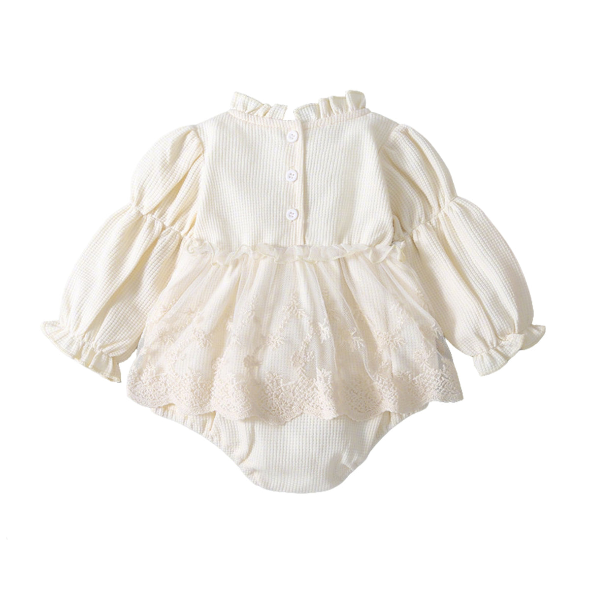 春秋女宝宝蕾丝长袖连体包屁衣花边领华夫格女童哈衣裙 Spring/Fall Girls' Lace Long-Sleeve Rompers with Lace Collar and Waffle-Patterned Dresses