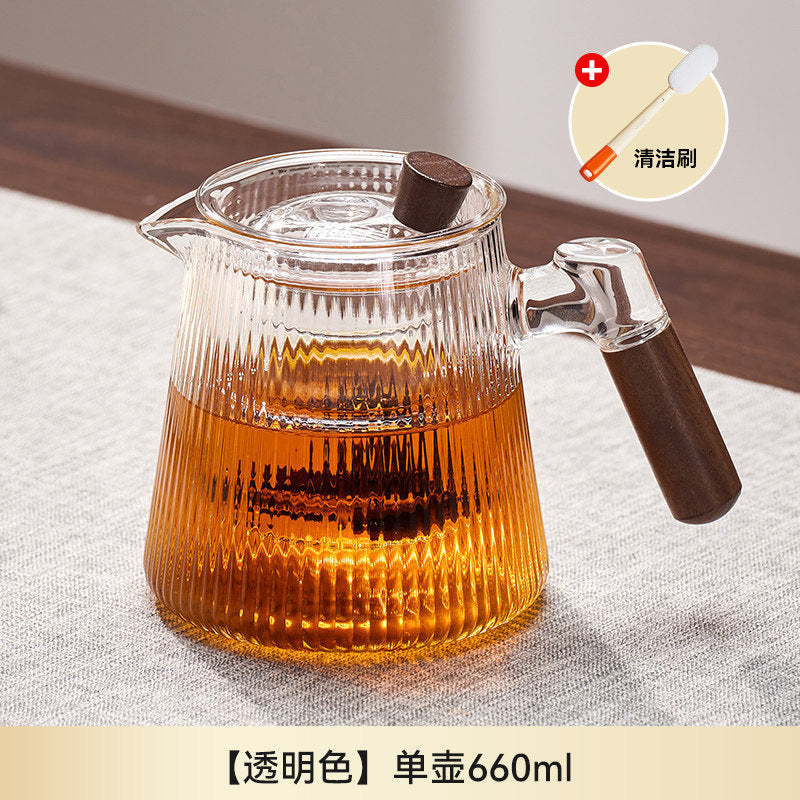 捷安玺竖纹玻璃茶壶新款家用待客木把煮茶壶高硼硅耐热玻璃泡茶壶Vertical-Striped Glass Teapot Home and Guest-Friendly Wooden-Handle Teapot, High-Borosilicate Heat-Resistant Glass Teapot
