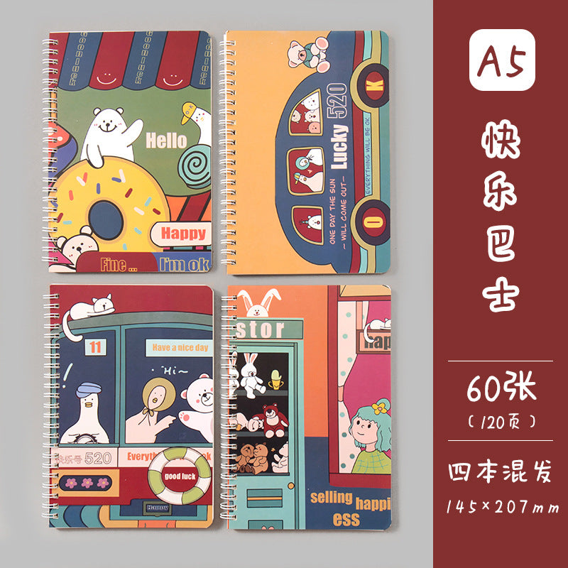 卡通线圈本学生日记本记事本 A5创意侧翻线圈笔记本方格手帐Cartoon Spiral-Bound Student Diary & Notebook: A5 Creative Side-Flip Spiral Notebook with Grid Pages