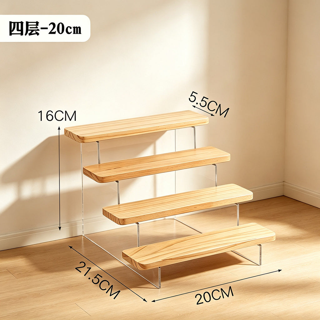家用轻奢展示架亚克力透明阶梯架盲盒摆件手办桌面简约木质置物架Home-use luxury display stand; transparent acrylic tiered stand; blind box figurines; collectables; minimalist wooden desktop storage rack