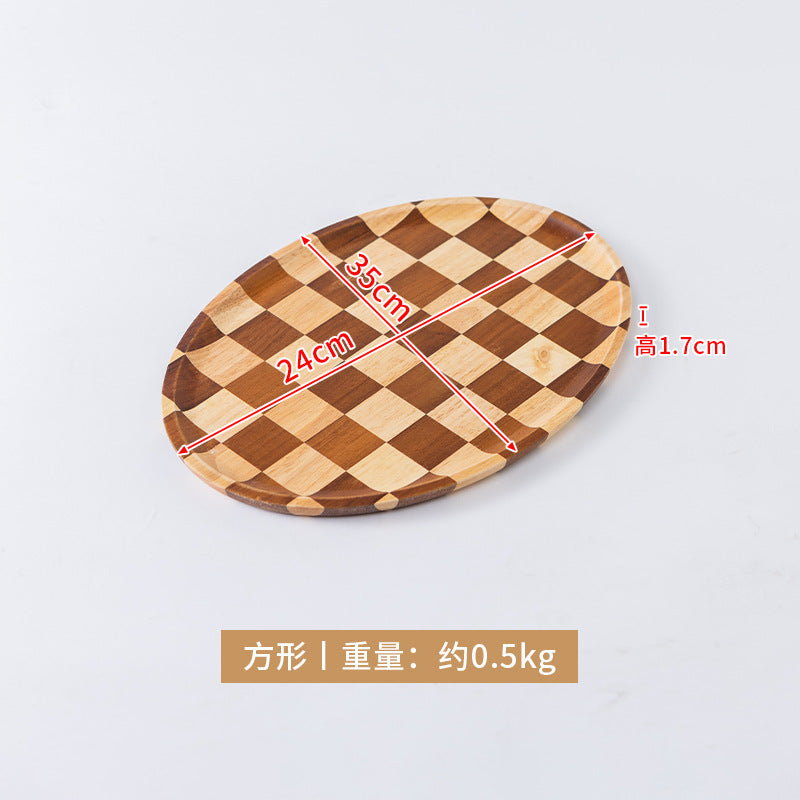 新款棋盘格木质托盘家用轻奢甜品面包西餐盘相思木质茶盘批发New Checkered Wooden Trays: Light Luxury Dessert, Bread and Western-Style Dinner Plates for Home Use; Acacia Wooden Tea Trays – Wholesale