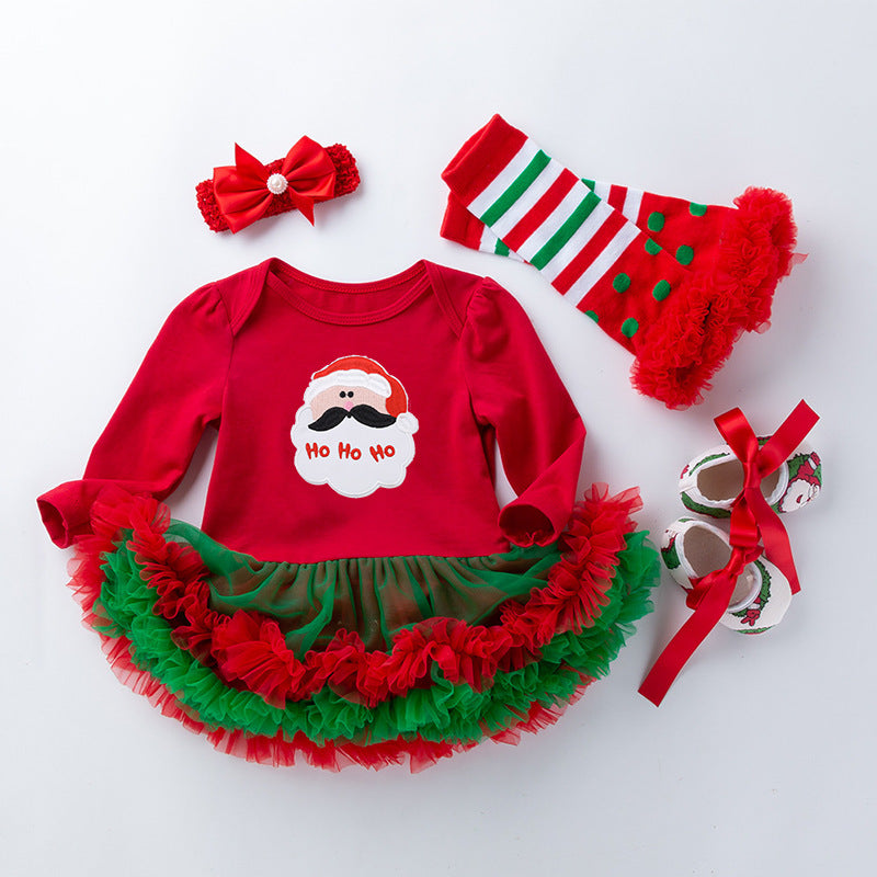 圣诞节女宝宝节日装婴儿春秋长袖红绿包屁裙公主哈衣裙四件套Christmas Outfit for Baby Girls: Spring/Fall Long-Sleeve Red and Green Rompers and Princess-Style Dresses—4-Piece Set