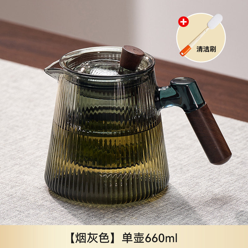 捷安玺竖纹玻璃茶壶新款家用待客木把煮茶壶高硼硅耐热玻璃泡茶壶Vertical-Striped Glass Teapot Home and Guest-Friendly Wooden-Handle Teapot, High-Borosilicate Heat-Resistant Glass Teapot