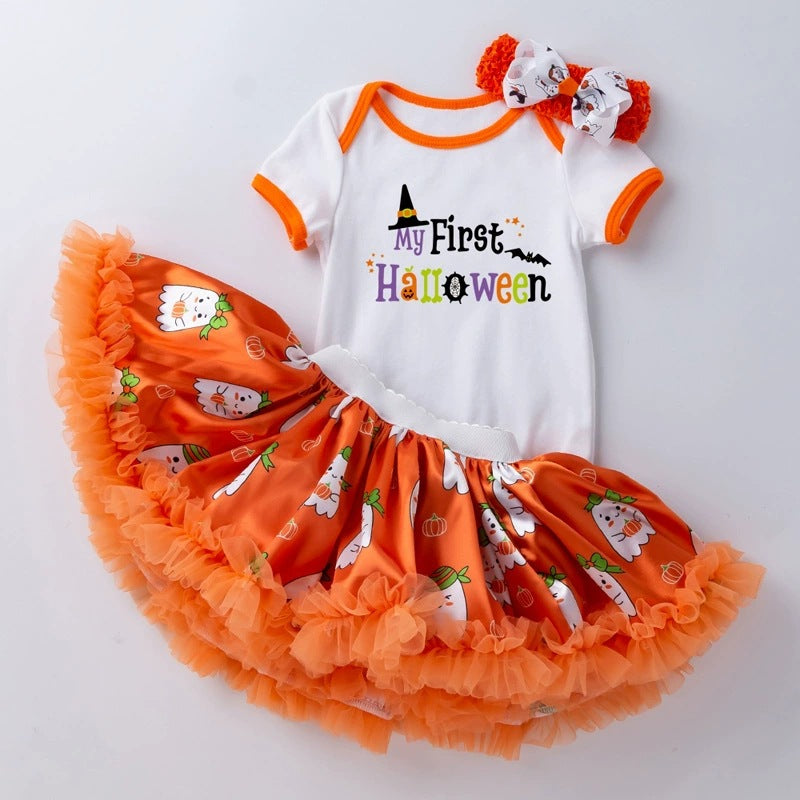 万圣节主题宝宝派对礼服短袖哈衣半身裙发饰3件婴儿套装Halloween-Themed Baby Party Outfit: Short-Sleeve Onesie, Skirt, and Hair Accessory—3-Piece Baby Set