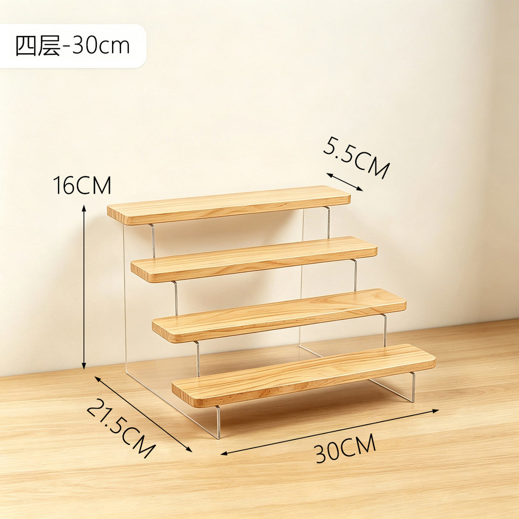 家用轻奢展示架亚克力透明阶梯架盲盒摆件手办桌面简约木质置物架Home-use luxury display stand; transparent acrylic tiered stand; blind box figurines; collectables; minimalist wooden desktop storage rack
